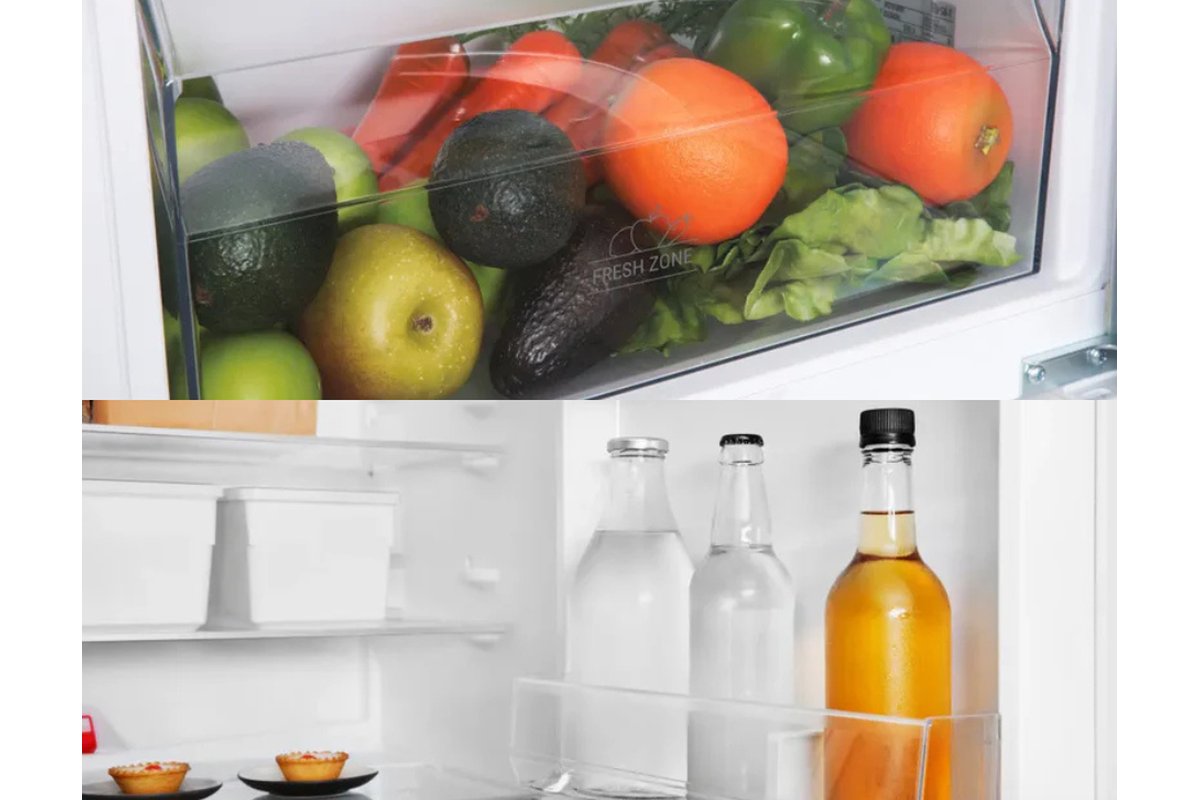 Interno di un frigorifero ben organizzato con cibi etichettati.