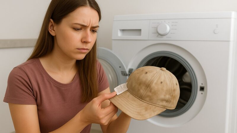 Lavatrice e cappello su un tavolo di legno.