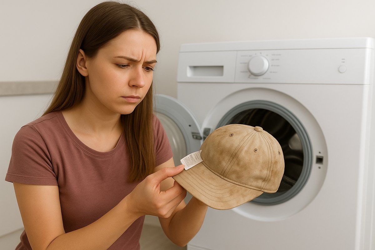 Lavatrice e cappello su un tavolo di legno.