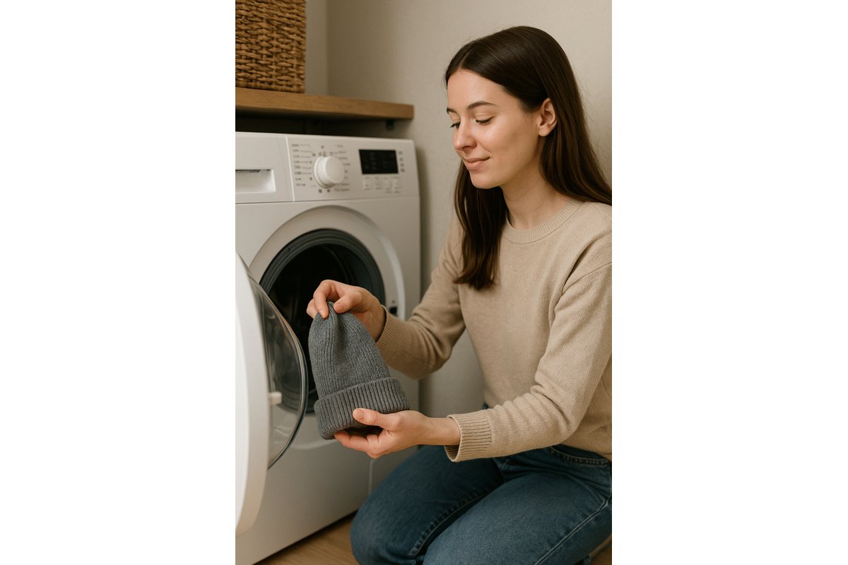 Cappello di lana immerso in una bacinella d'acqua con detersivo delicato.