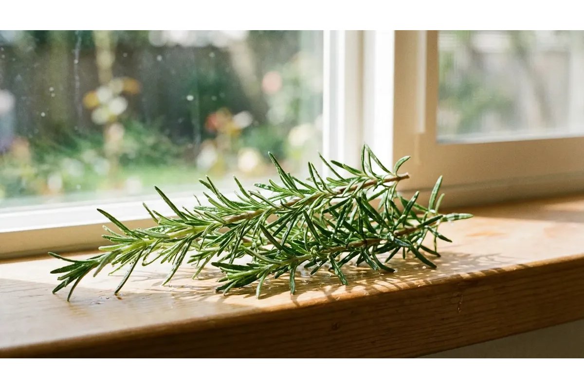 Foglia di rosmarino su un davanzale illuminato dal sole.
