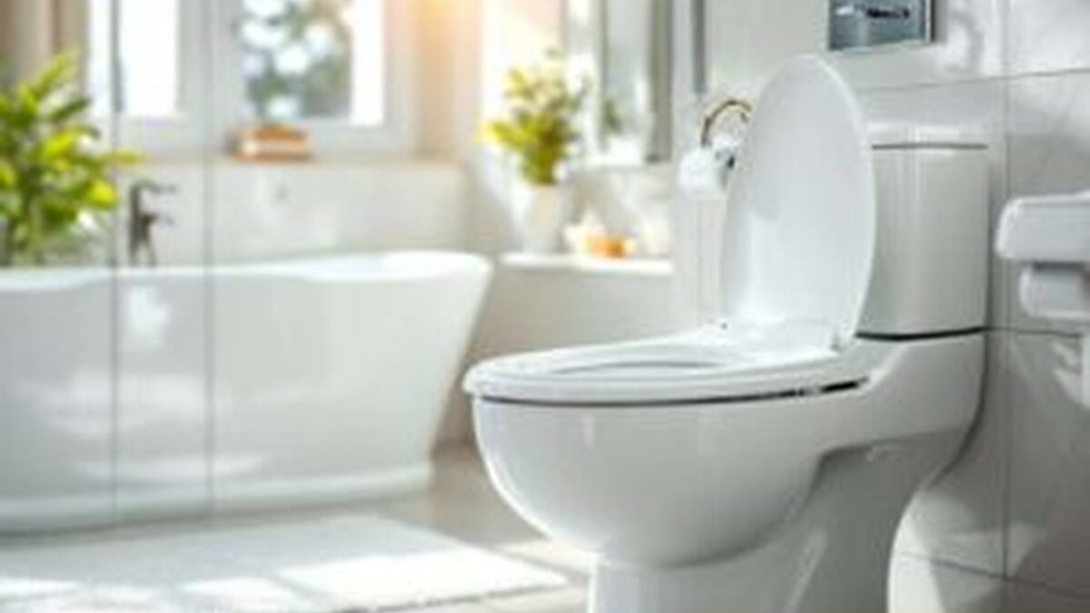 Vecchio WC con mezzo bicchiere di soluzione pulente accanto.