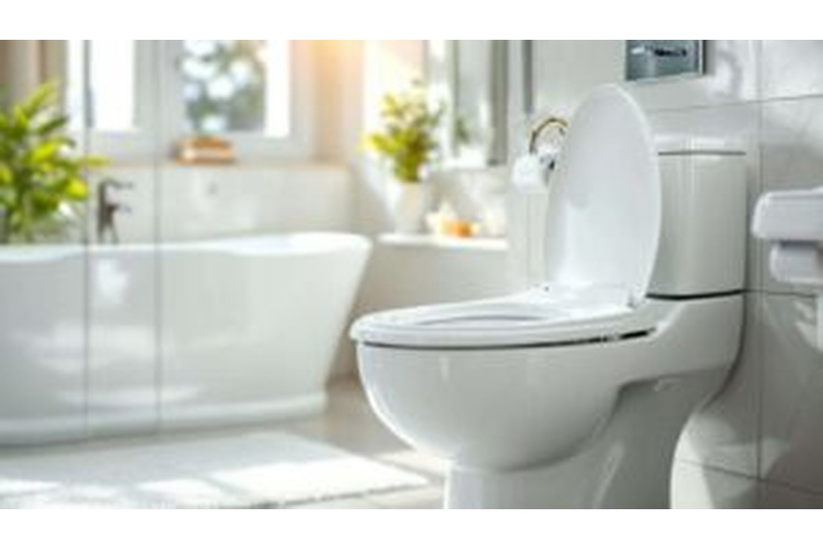 Vecchio WC con mezzo bicchiere di soluzione pulente accanto.