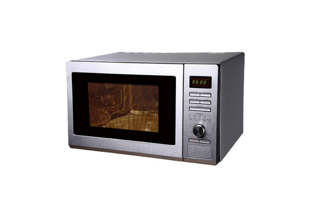 Microonde con piatto rotante e cibo riscaldato uniformemente.