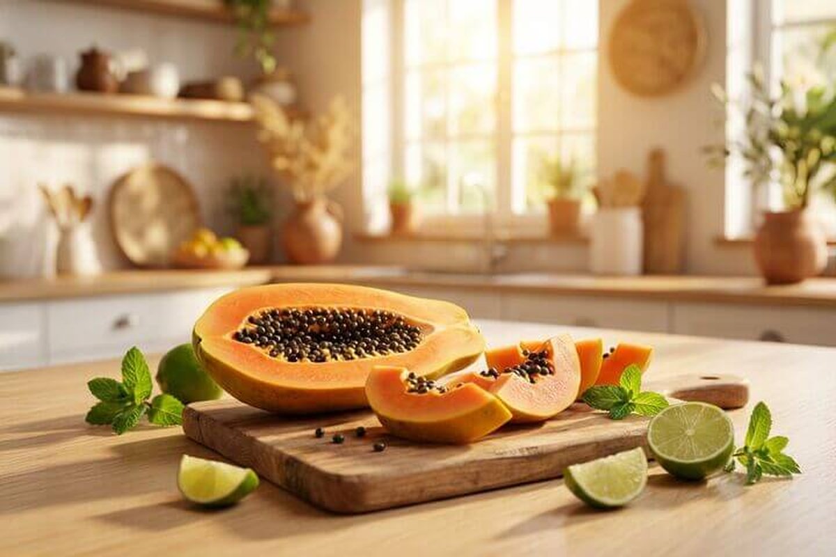 Donna che taglia una papaya matura su un tagliere di legno.