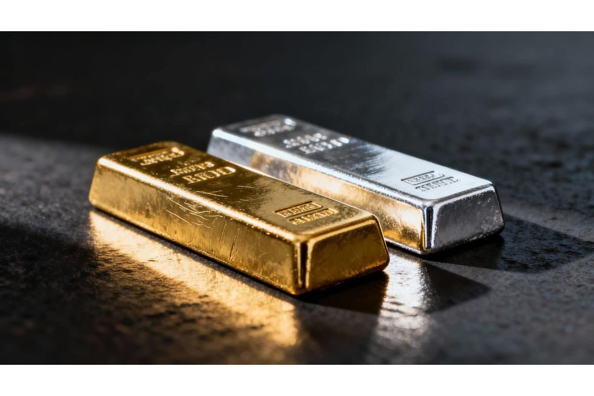 Lingotti d'oro e monete d'argento su un tavolo di legno.