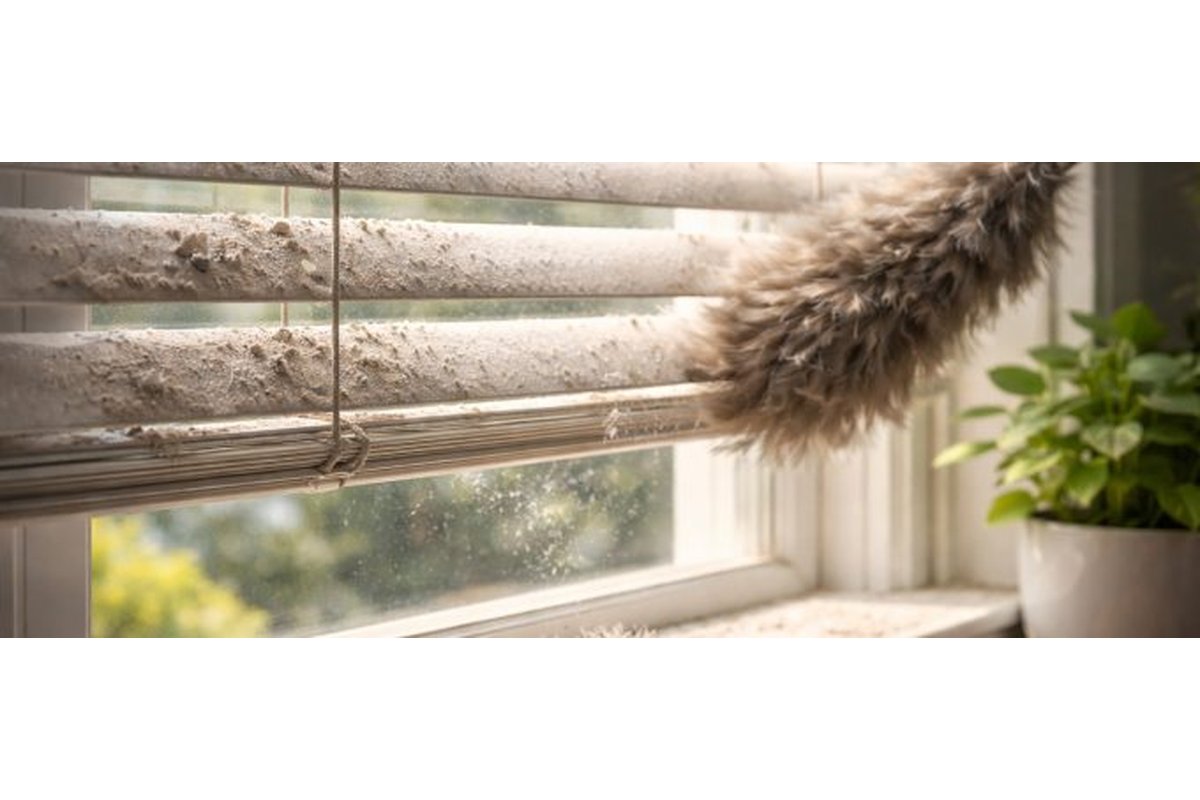 Tende bianche in una stanza luminosa con particelle di polvere visibili nell'aria.