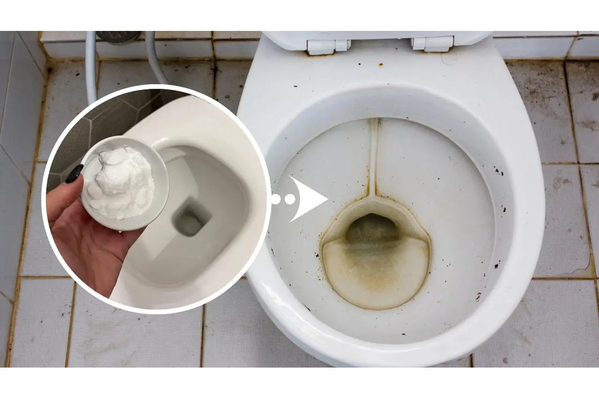 Mani che puliscono un sedile WC ingiallito con bicarbonato e aceto