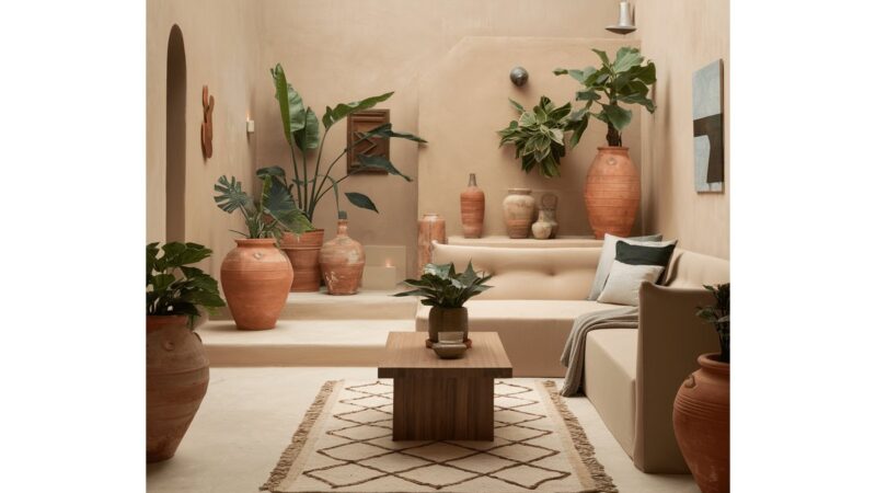 Vasi di ceramica colorati su un tavolo in soggiorno moderno.