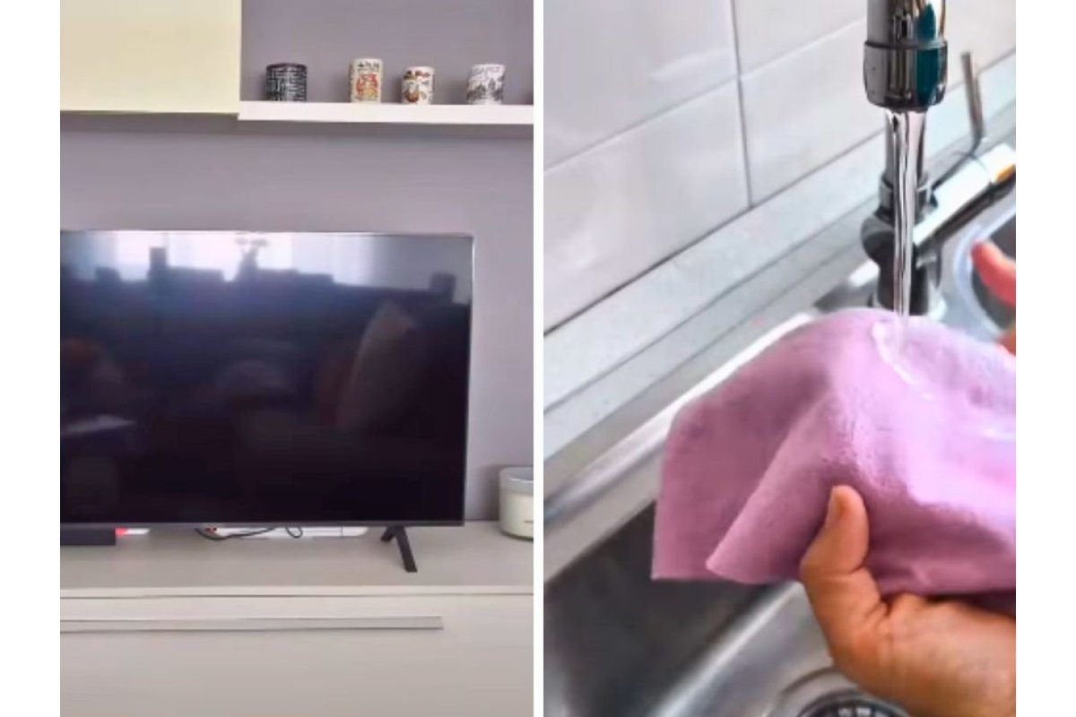 Panno in microfibra pulisce delicatamente lo schermo della TV.
