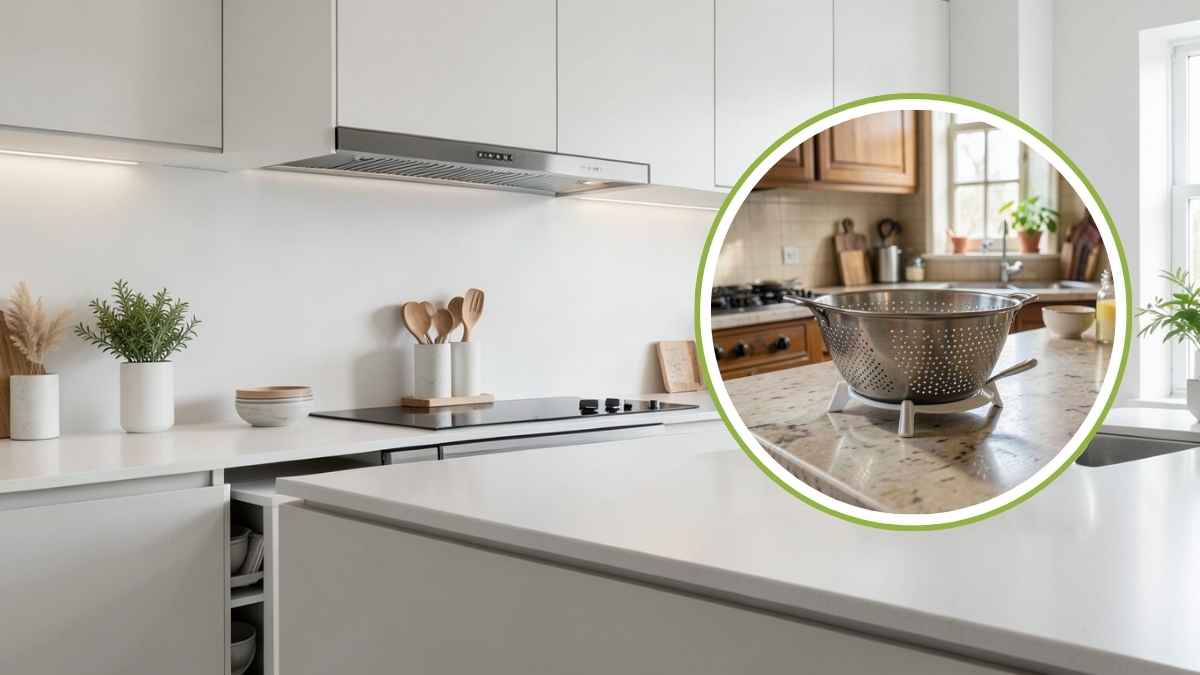 Moderno scolapiatti a scomparsa integrato in un mobile da cucina.