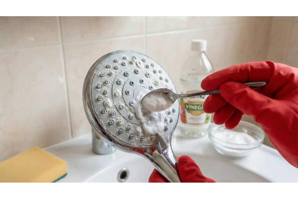 Soffione della doccia incrostato con depositi di calcare.