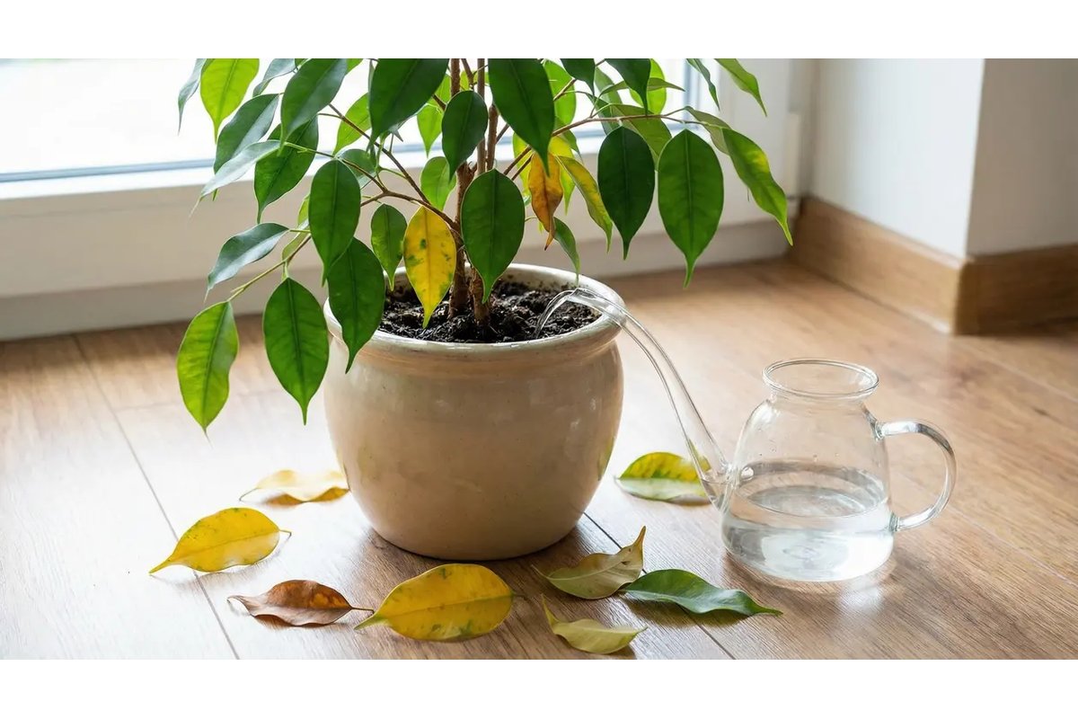 Foglie verdi e rigogliose di un ficus in un vaso da interno.