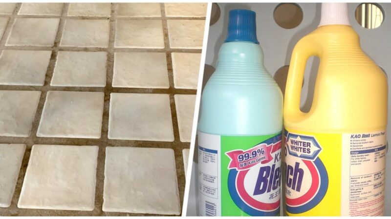 Fughe di piastrelle con segni di usura e candeggina accanto