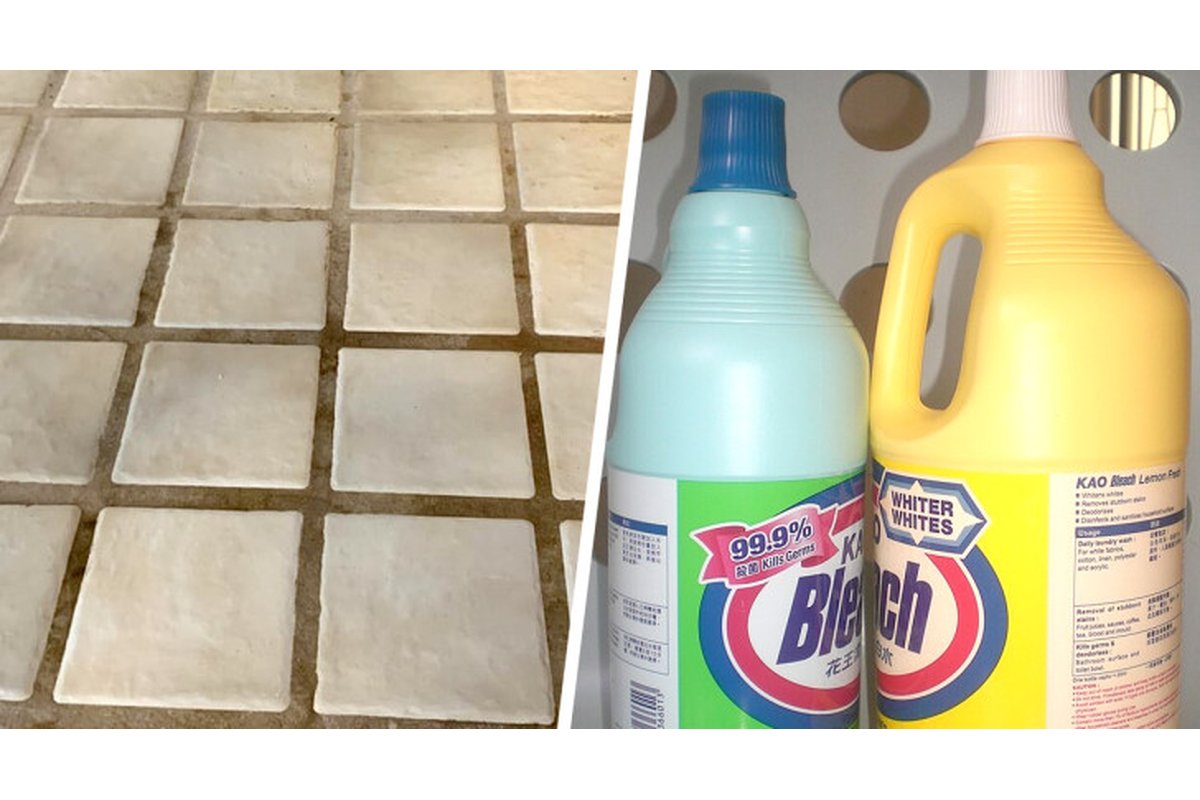 Fughe di piastrelle con segni di usura e candeggina accanto